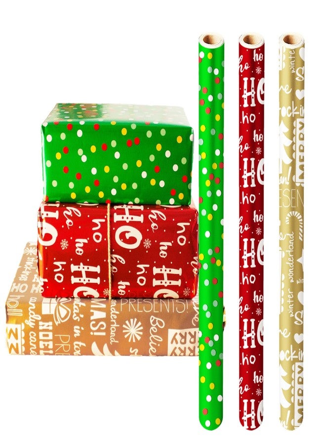 Oeyliz Christmas Wrapping Paper Red Green Gold Christmas Gift Small Wrapping Papers Christma Tree Snowflakes Small Dot Design 17 x 120 Inch Mini 3 Rolls Red Green Gold Gift Wrap Paper Xmas Gift Decor - Image 1